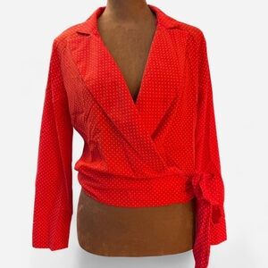 Elegant Red Wrap Blouse with Polka Dots